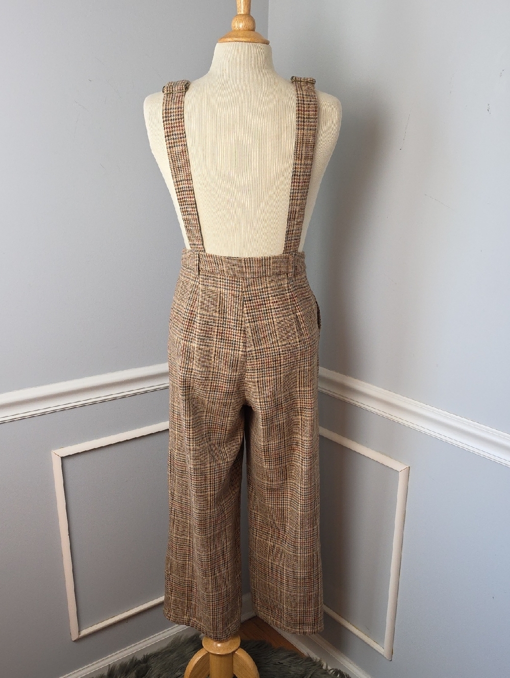 CIDER Women's Tan Houndstooth Plaid Preppy Straight Wide Leg Side Zip Overall XS - Picture 4 of 10